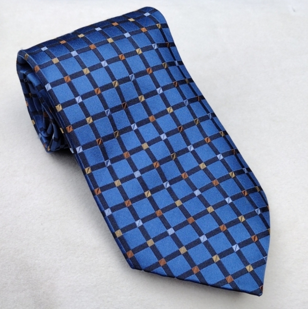 Silk Claiborne Blue, Gold, and Copper Square Geometric Tie EUC